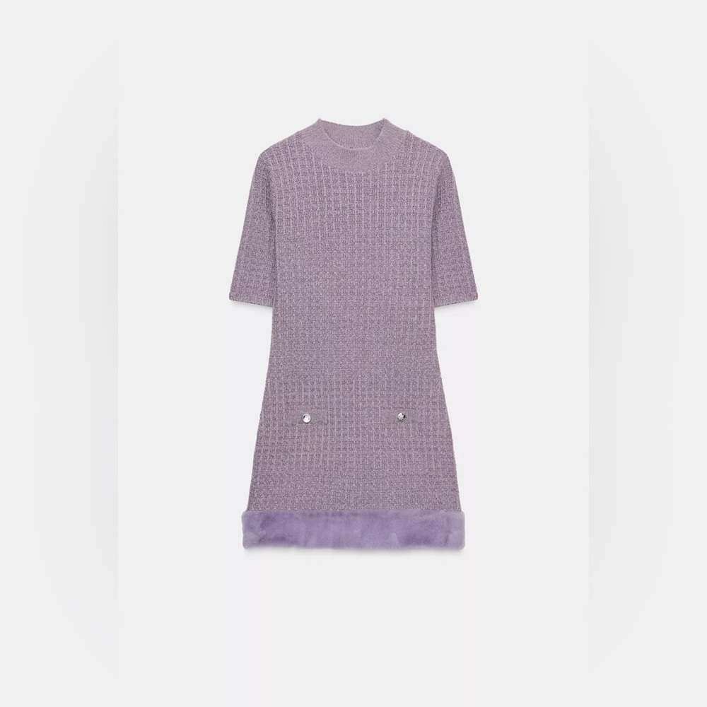 Zara Lilac Knit Short-Sleeve sweater Knitted Mini Dress with faux fur trim